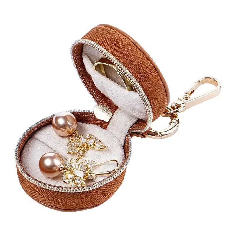 Mini Portable Jewelry Storage Bag Travel Organizer Round Leather Storage Case With Keychain Earrings Ring Jewelry Box Display 250506