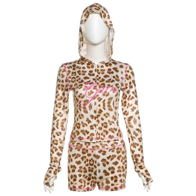 Sporty Women Tracksuit 2 Piece Set Letter Print Leopard Zip Hooded Jacket+Biker Shorts Matching Stretch Activity Suits
