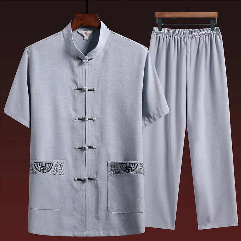 Cotton and linen toppants elderly mens gold silk flat buckle pocket embroidered Tang Korean clothing set 250430Z