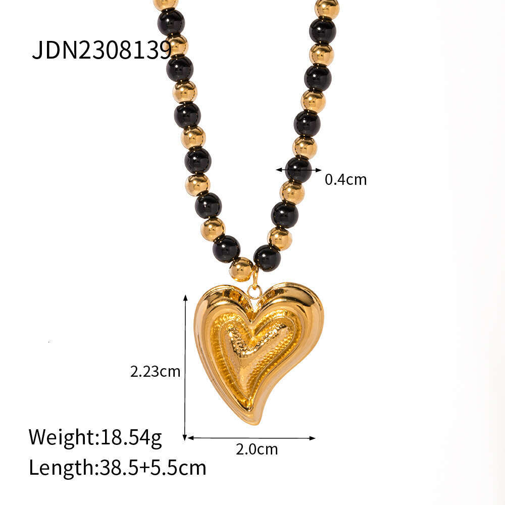 WX Designer's New Gold Stainless Steel Half Three Dimensional Love Pendant Black Agate Beaded Necklace