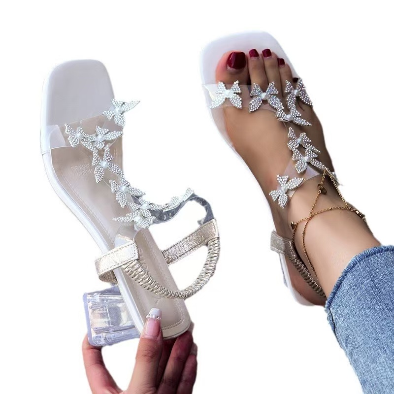 Sandals Kcenid 2024 Shiny Crystal Butterfly High HeelsWomen Elegant Sexy PVC Square New Toe Tower Type Transparent Heel Wedding Dres