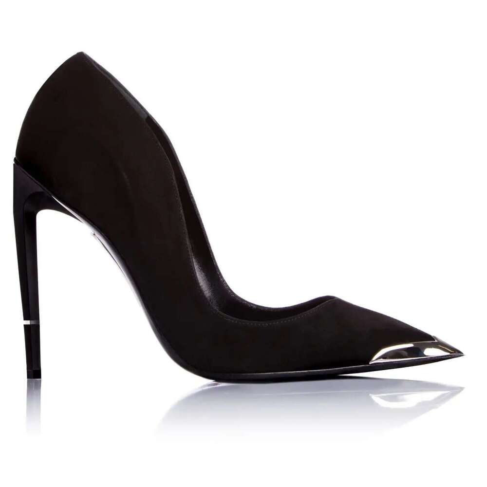 Metal Pointed Toe Pumps Woman Black Veet Satin Single Shoes Women Stiletto Super High Heels Slip On Office Lady Zapatos Para