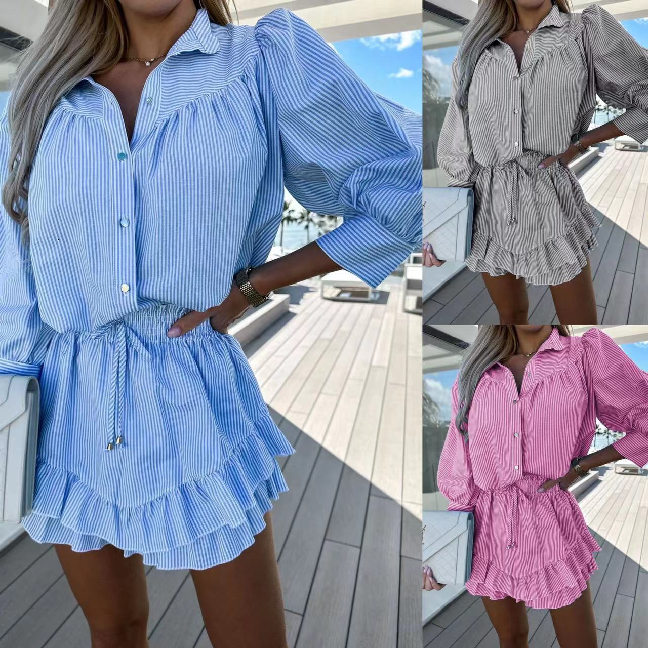 Womens Shirt Short Outfits New Ins Casual Fashion Stripe Shirt Two Piece Set