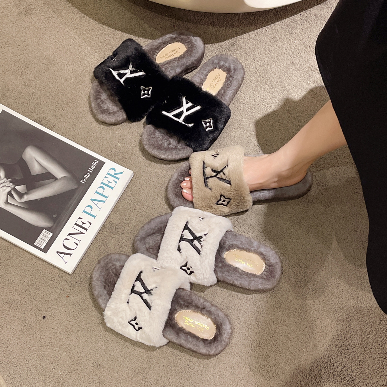 Free shipping designer Women 2025 Fairy Style Letter Embroidery One-character Fluffy Slippers, Small Chanel-style Outdoor Casual Plush slippers