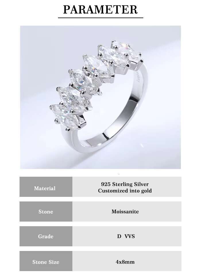 925 Silver Gold Plated Half Eternity Marquise Vvs Diamond Engagement Moissanite Rings for Women