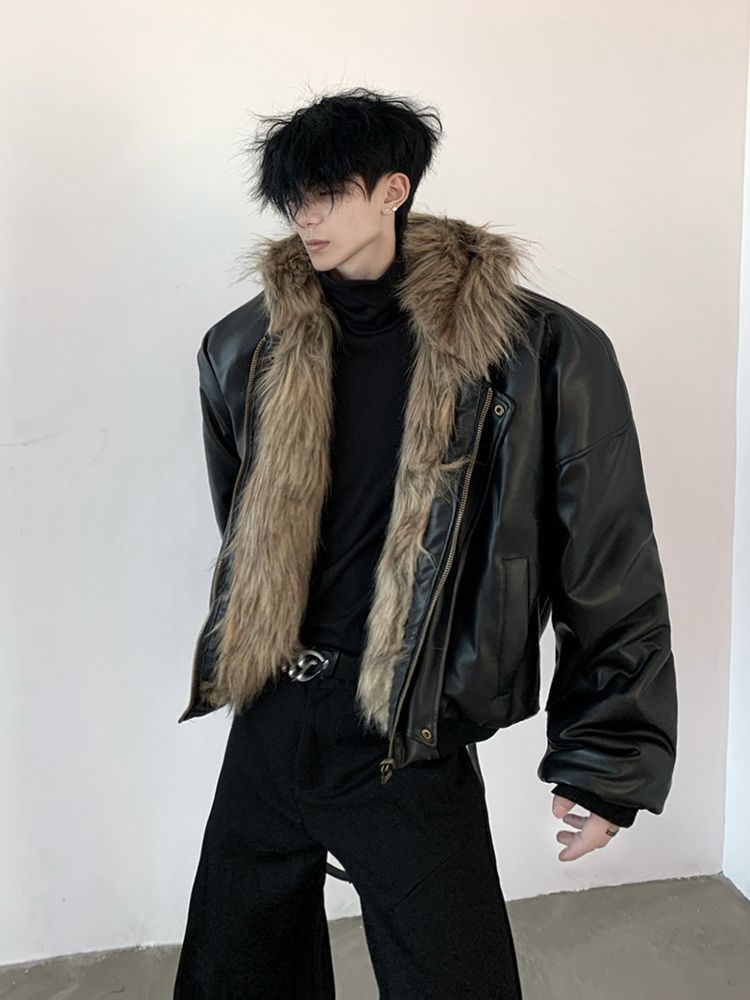 Mens Jackets Hip Hop PU Leather Jacket Handsome Mens Fur One-Piece Imitation Fur Jacket