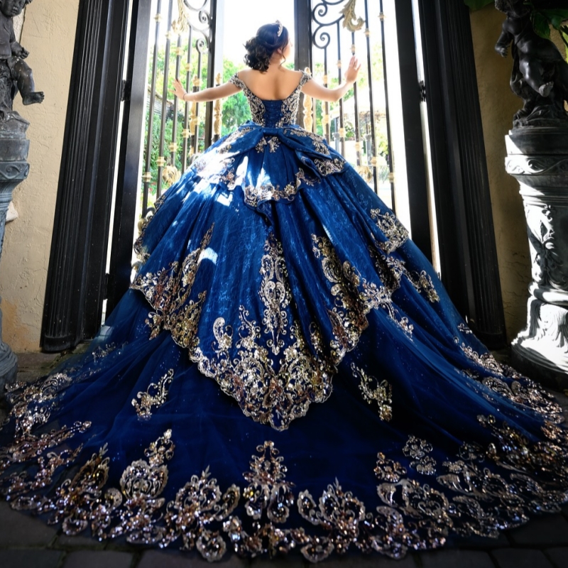Royal Blue Shiny Quinceanera Dresses Off Shoulder Ball Gown Sweet 16 Dress Gold Applique Lace Beading Tull Birthday Party Vestidos 15 Anos