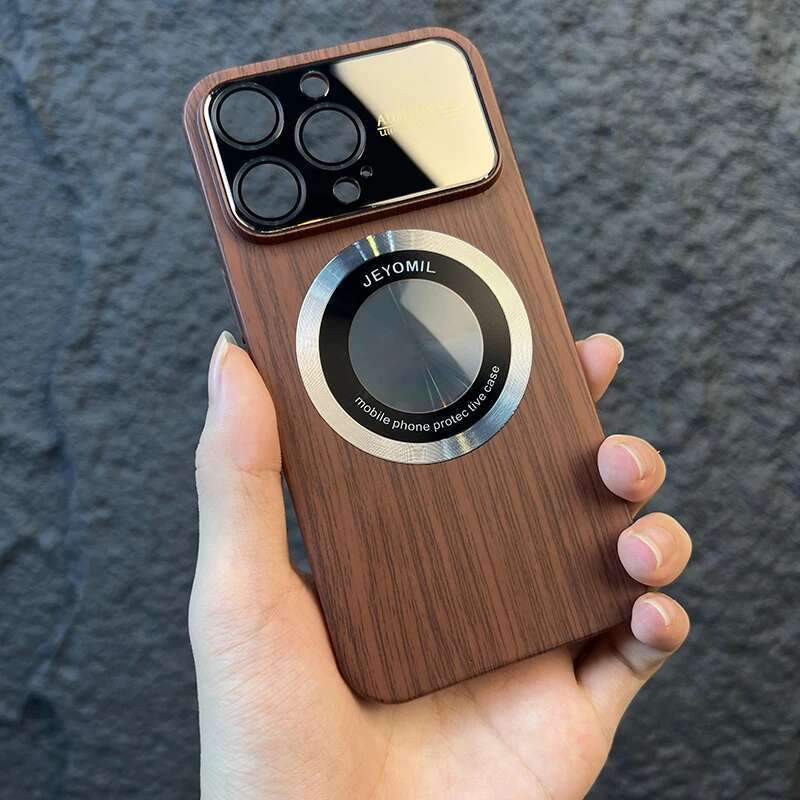 Wood Grain Large Window Magnetic for Magsafe Wireless Charging Case For iPhone 16 15 14 13 11 12 Pro Max Camera Protection Cover