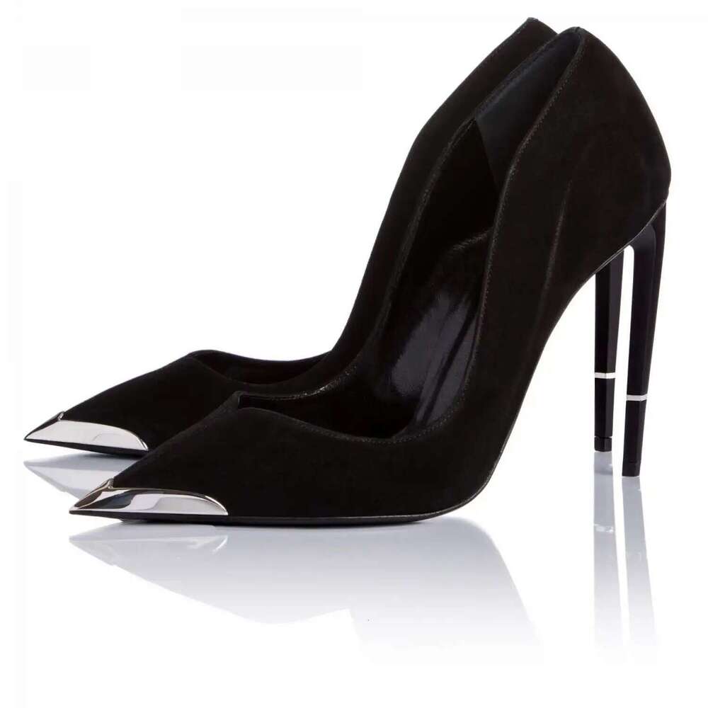 Metal Pointed Toe Pumps Woman Black Veet Satin Single Shoes Women Stiletto Super High Heels Slip On Office Lady Zapatos Para