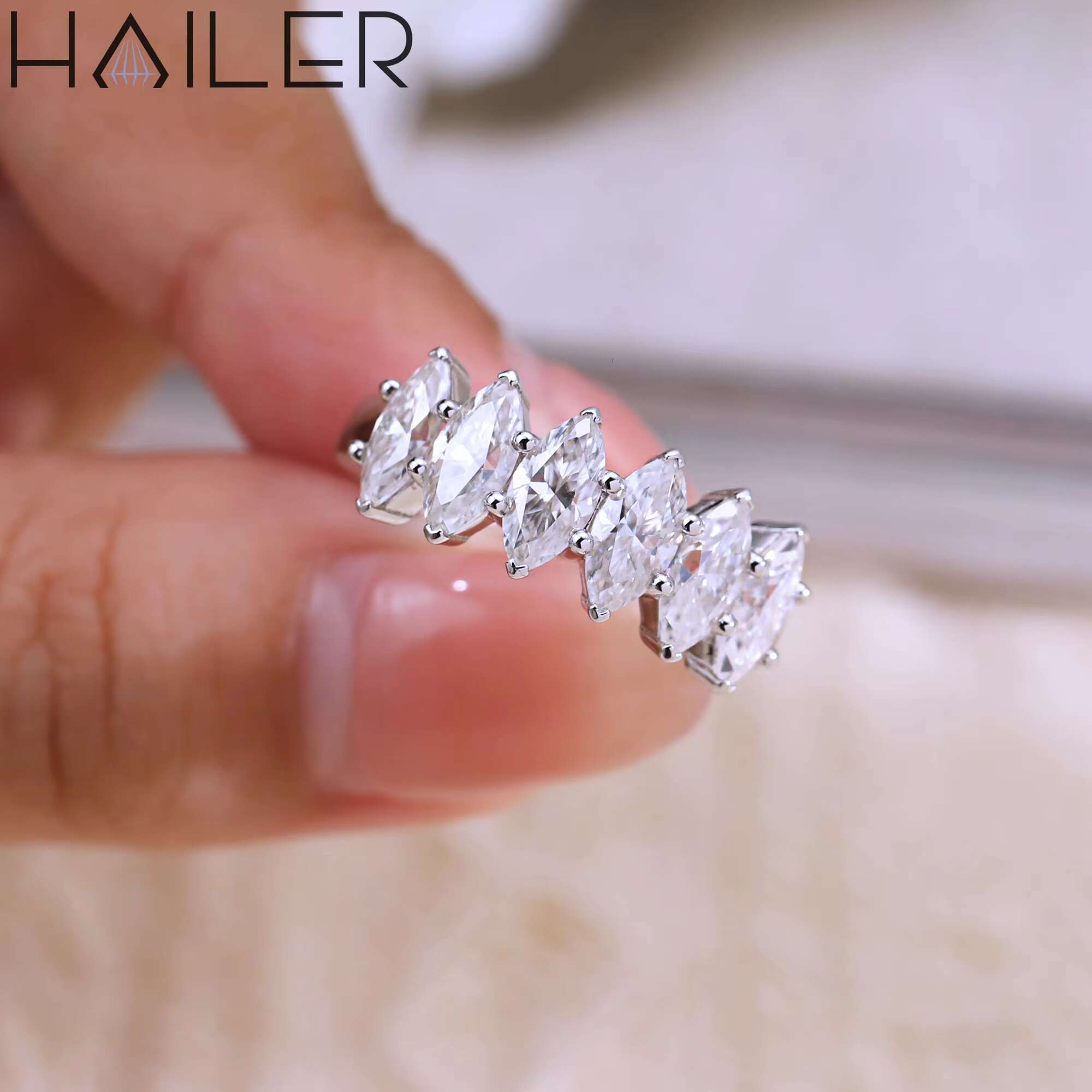 925 Silver Gold Plated Half Eternity Marquise Vvs Diamond Engagement Moissanite Rings for Women