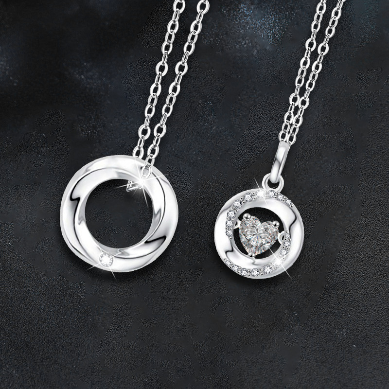 Couple Moissanite Pendant Necklaces in S925 Sterling Silver, Heart and Circle Design, Dainty Love Jewelry for Anniversary or Valentine's Gift