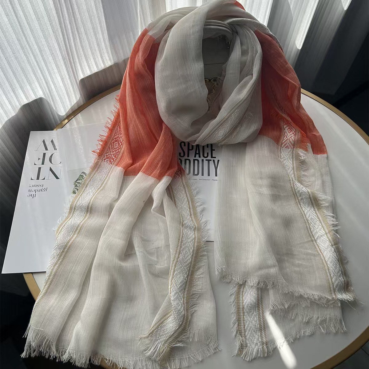 T650 cotton and linen scarf women's spring and autumn thin literary style retro pleated men's scarf jacquard white edge shawl