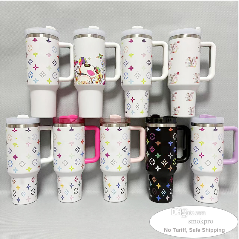 No Tariff - L Luxury Image Water Cup With Handle / 40oz Stainless Steel Travel Tumbler With Lid and Straw 36 colors available