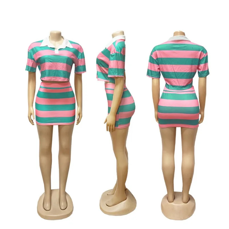 Sporty Fitness Striped Print 2piece set suitable for womens streetwear casual collar shirts cut tops and mini ski sets 250430Z