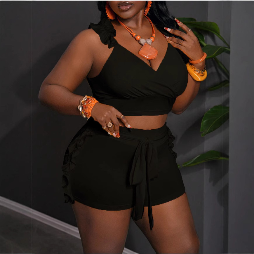Summer Solid Ruffles Vacation Beachwear 2 Piece Set Women Sexy V Neck Backless Sleeveless Crop Top Lace Up Skinny Shorts