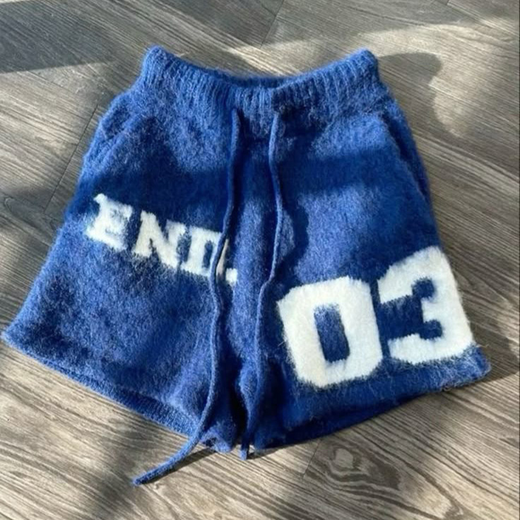 American style niche autumn and winter girl casual furry high street No.03 Korean style mens and womens loose knit drawstring shorts 250508