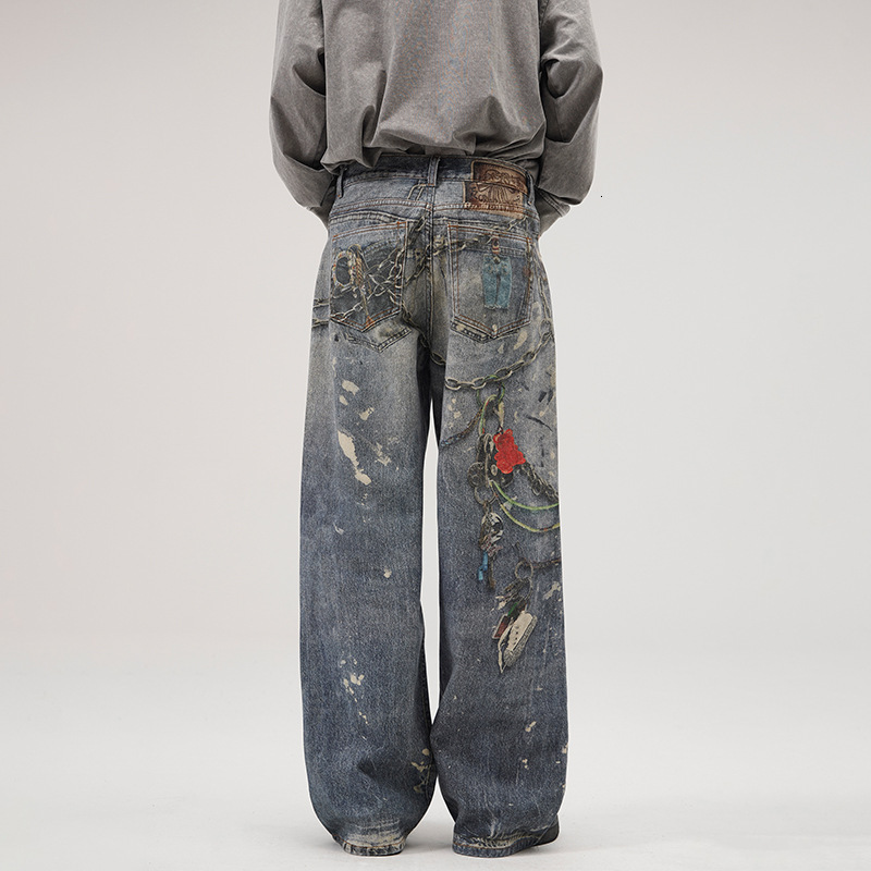 2025 New Digital Cut Printed AC Jeans Men's Trendy Brand Loose Wide Leg Straight Pants