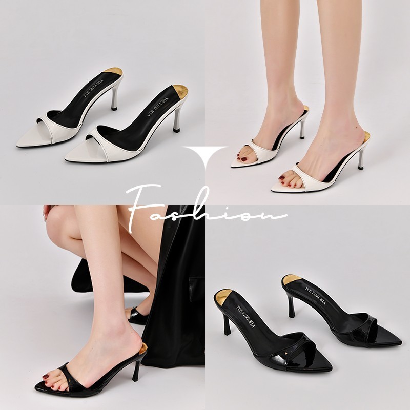 2025 Summer New Style One Word Solid Color Fashion Womens Large Pointed High Heel Slippers 250321