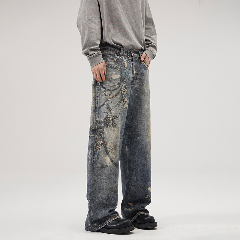 2025 New Digital Cut Printed AC Jeans Men's Trendy Brand Loose Wide Leg Straight Pants