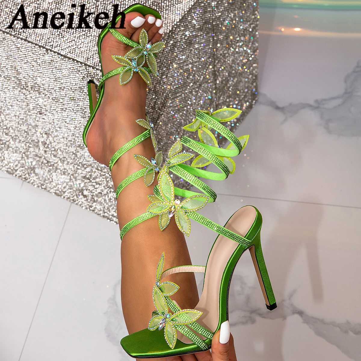 Aneikeh Designer Crystal Butterfly Ankle Strap Gold Sandals Women Wedding Prom Shoes Sexy Square Toe Rhine Heels SandalsXJ250508