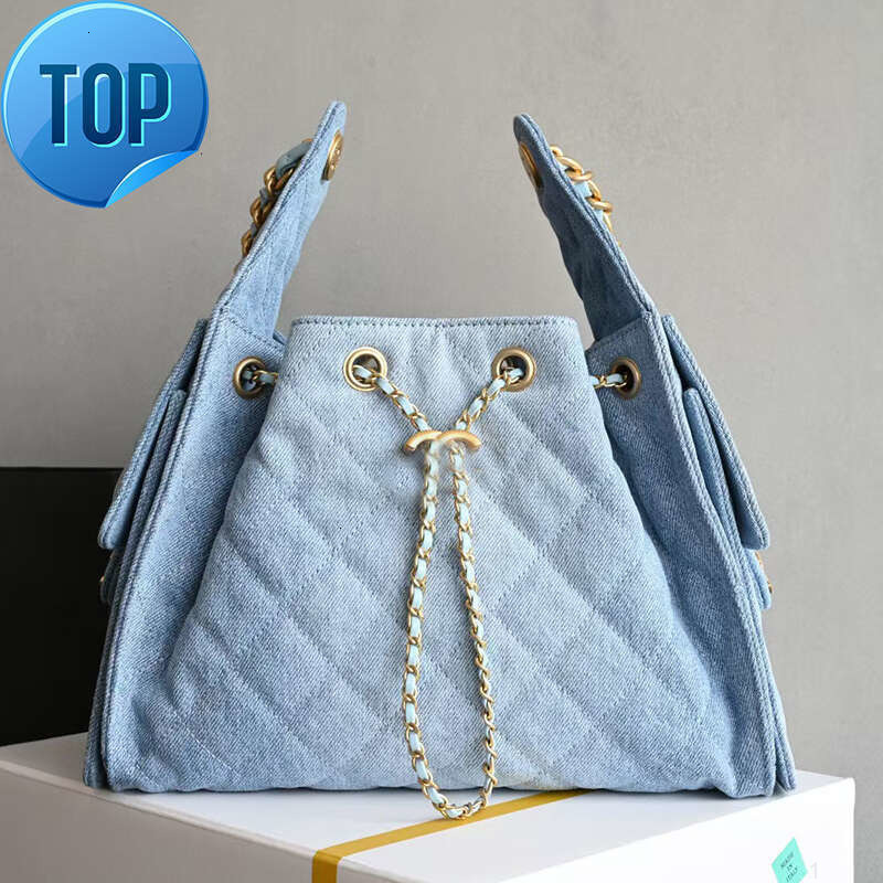 Designer Shoulder Bags Drawstring Chain Hobo 25C Bucket Bag with 2 Pocket Fashion Leather Denim Blue Handbags To6