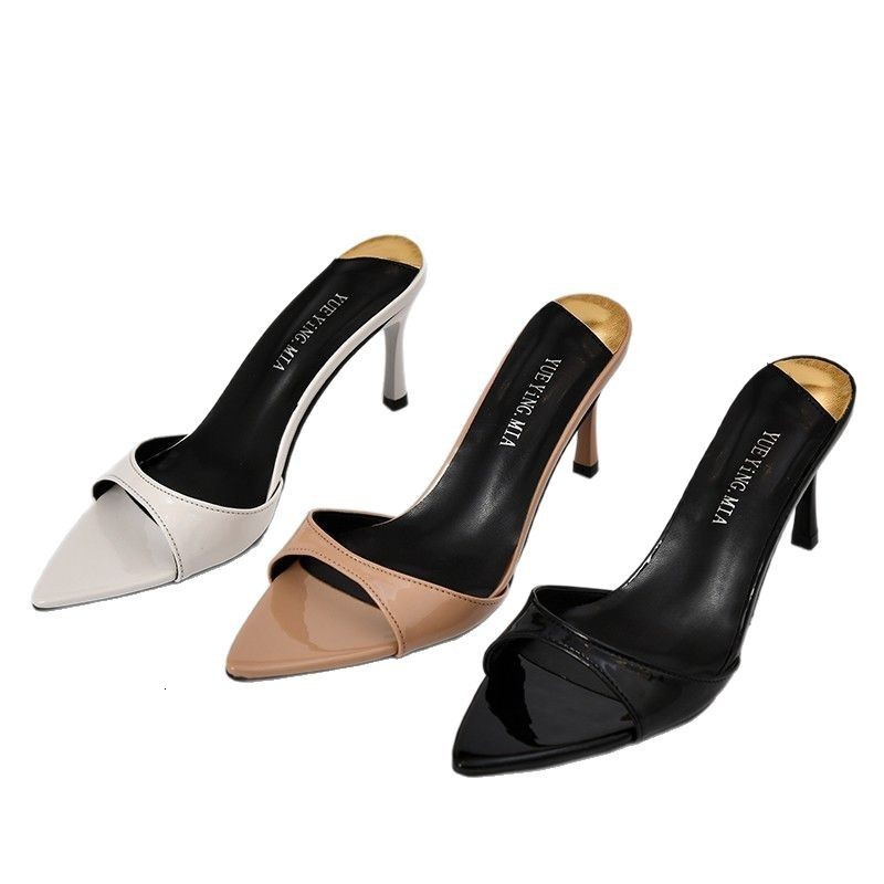 2025 Summer New Style One Word Solid Color Fashion Womens Large Pointed High Heel Slippers 250321