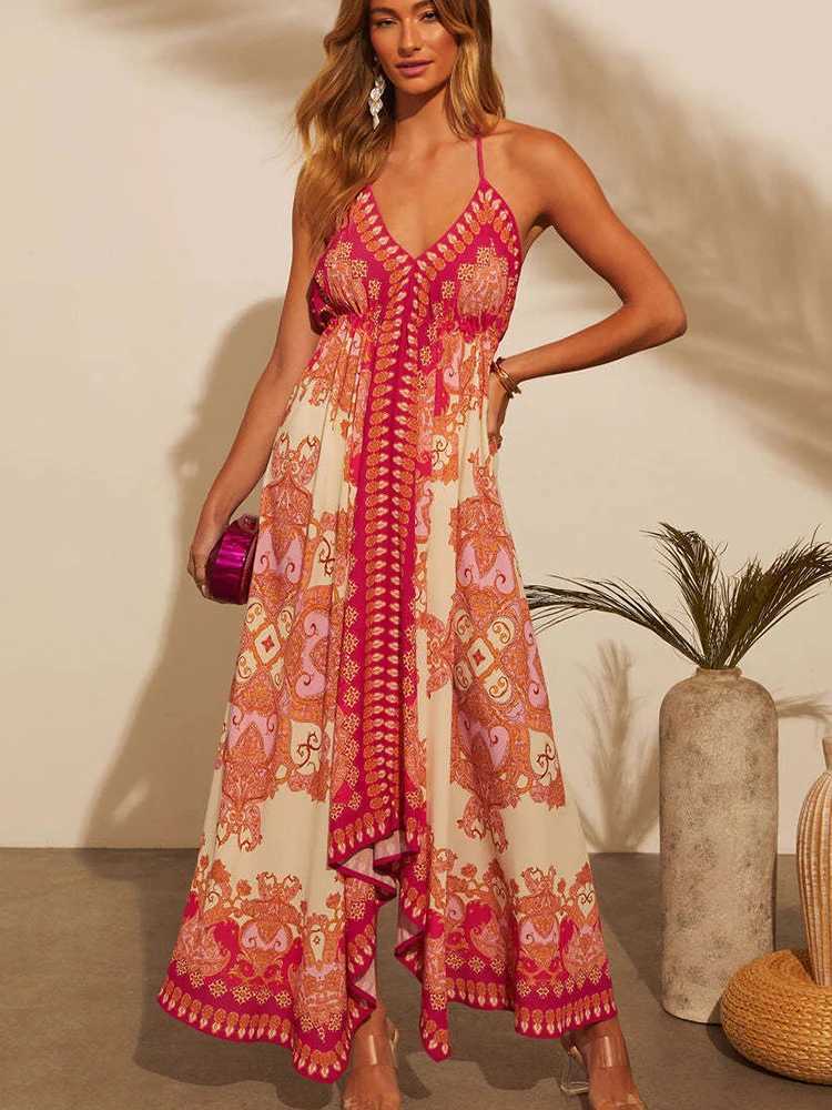 Womens summer V-neck camisole bohemian floral dress womens clothing red dress sexy womens clothing sun dress beach dress M250508