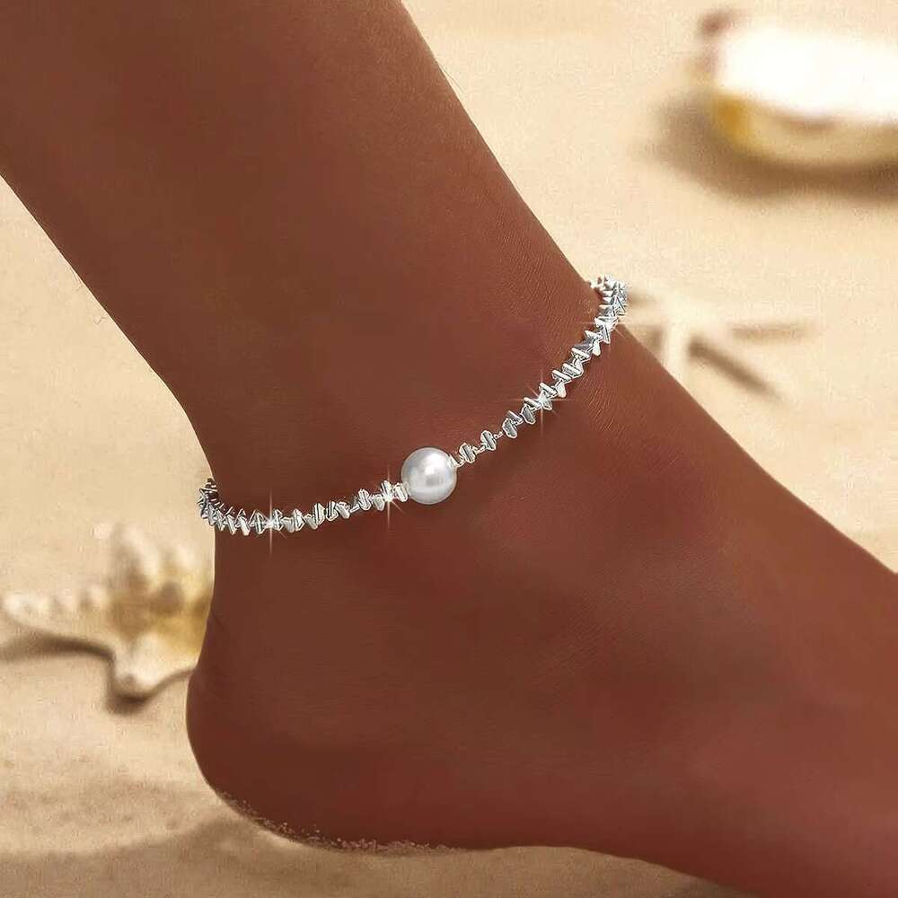 DHcollections Pure Sier Jewelry Cross Pearl Sparkling Chain, Girl's Ankle Chain