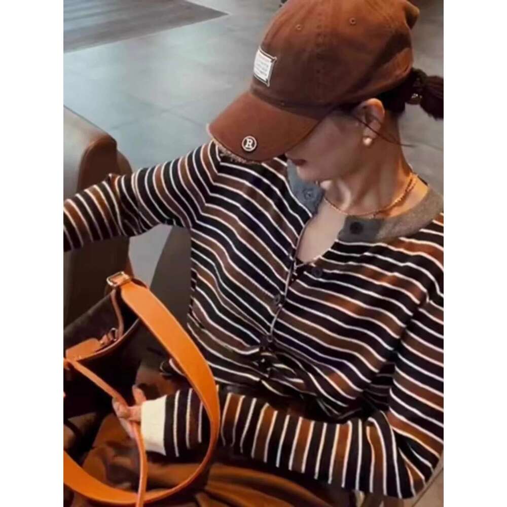 Striped 100% Cashmere Knit Cardigan Women's Spring And Autumn Lazy Loose Wool Casual Base Sweater