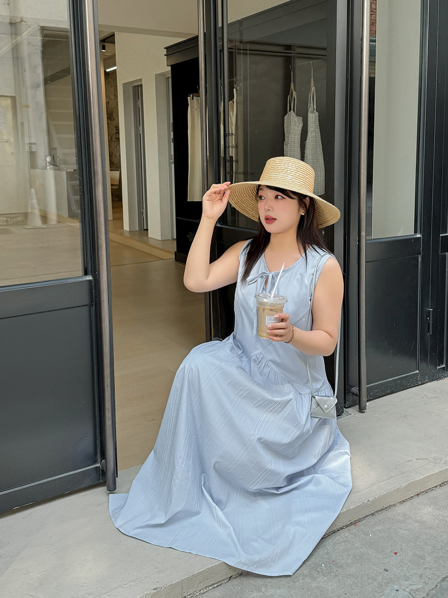 G4190 Large size heavy embroidered jacquard dress female plaid round neck blue seaside long dress loose