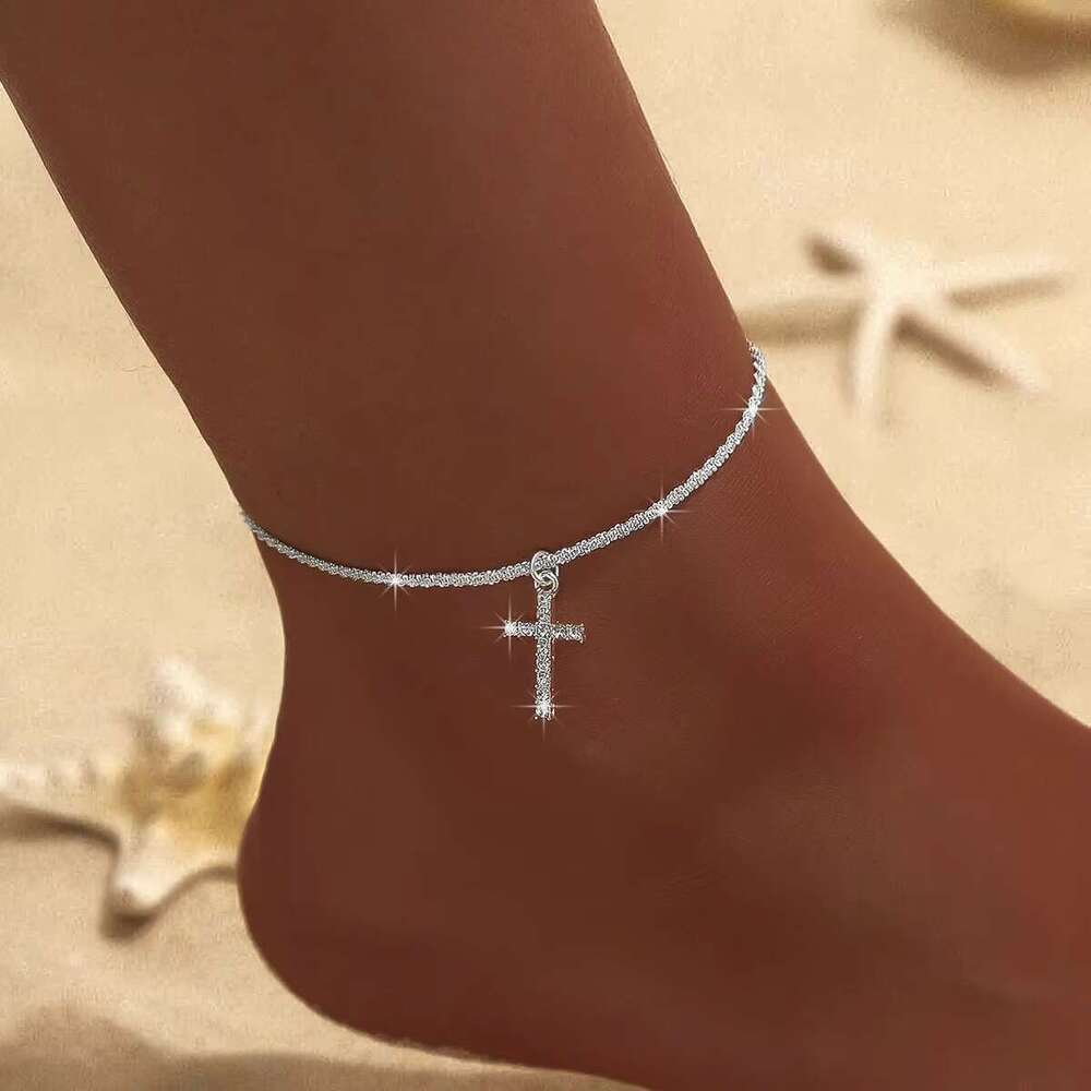 DHcollections Pure Sier Jewelry Cross Pearl Sparkling Chain, Girl's Ankle Chain