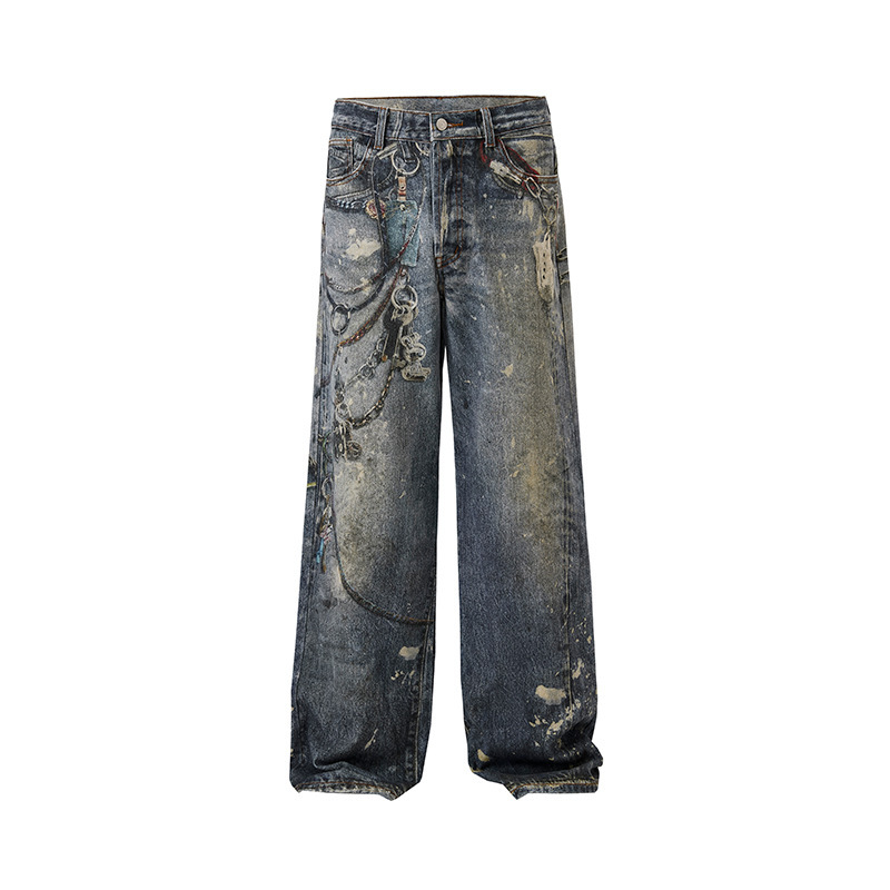 2025 New Digital Cut Printed AC Jeans Men's Trendy Brand Loose Wide Leg Straight Pants