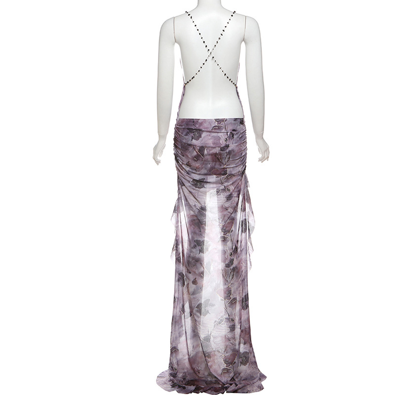 Printed Women Dress Chic Spaghetti Strap Backless Cross Irregular Swinging V-neck Maxi Vestidos
