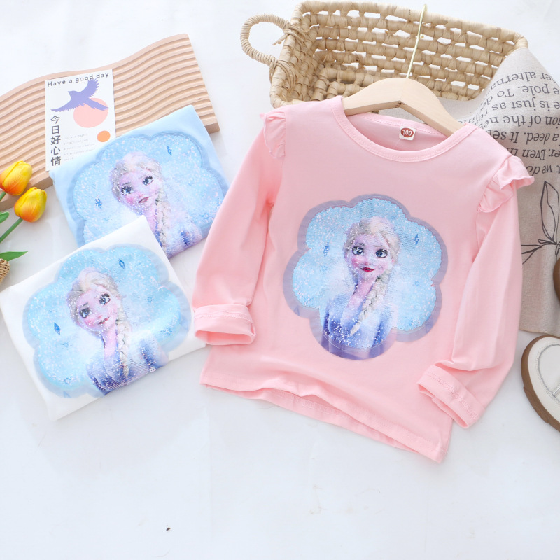 DISNEY Frozen Princess Elsa baby designer clothes Children autumn wear base top girl long-sleeved T-shirt two-sided color-changing sequin princess top