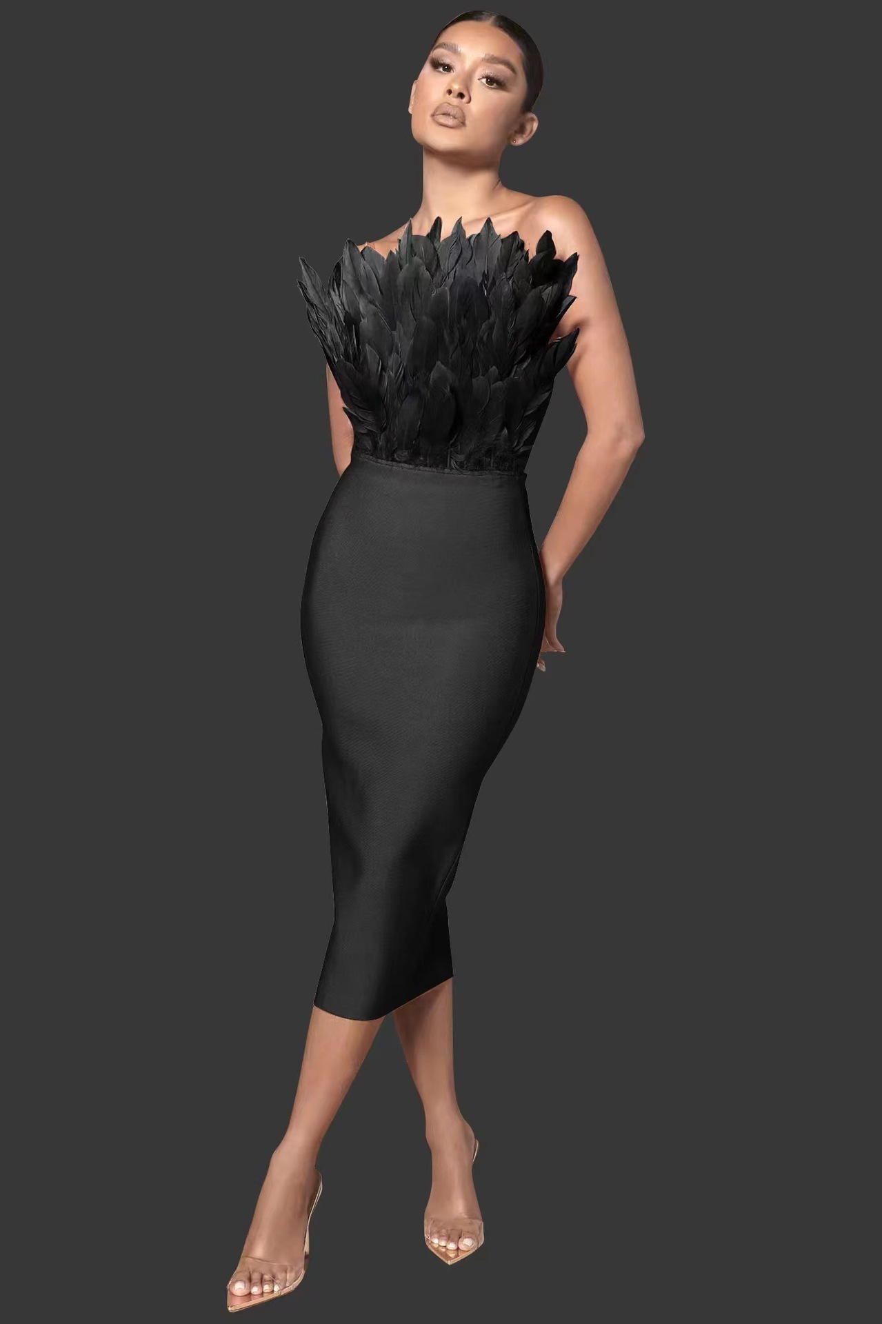 Christmas new mid long fashion dress with topless ostrich hair high-end temperament bandage dress for women 240415