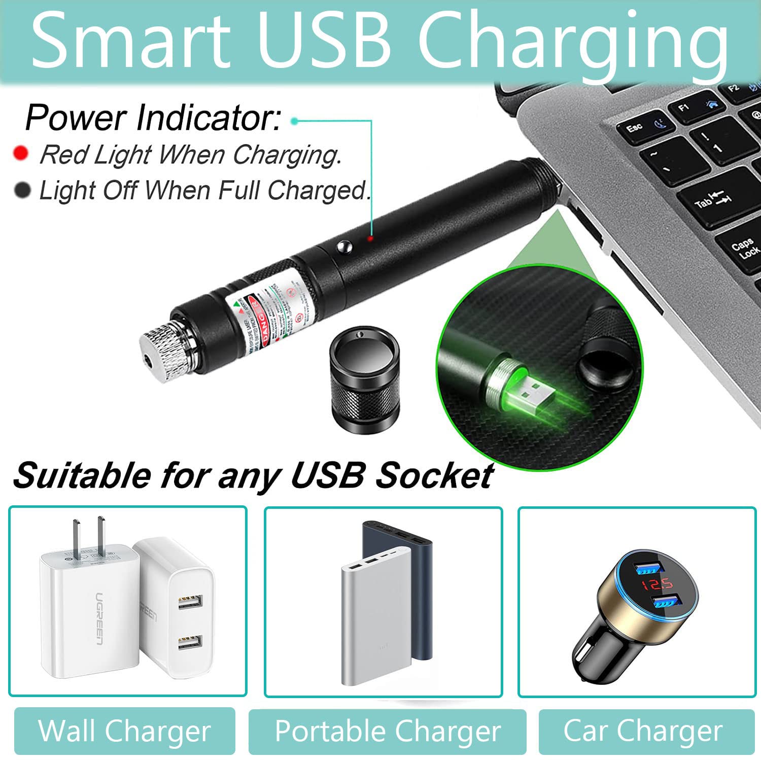 Long Range Green Laser Pointer,Laser Pointer High Power Pen, Green Pointer Rechargeable for Hiking, Cat Laser Toy USB Charge