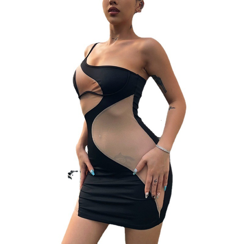 Style 2022 spring and summer new womens fashion inclined shoulder sexy perspective mesh slim wrap hip dress