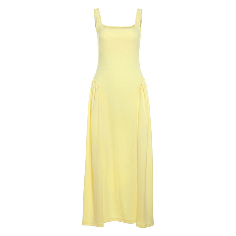 2025 Summer New long Dresses for Womens Clothing Elegant Temperament High Waist Slim Fit Solid Color Square Neck Suspender Dress