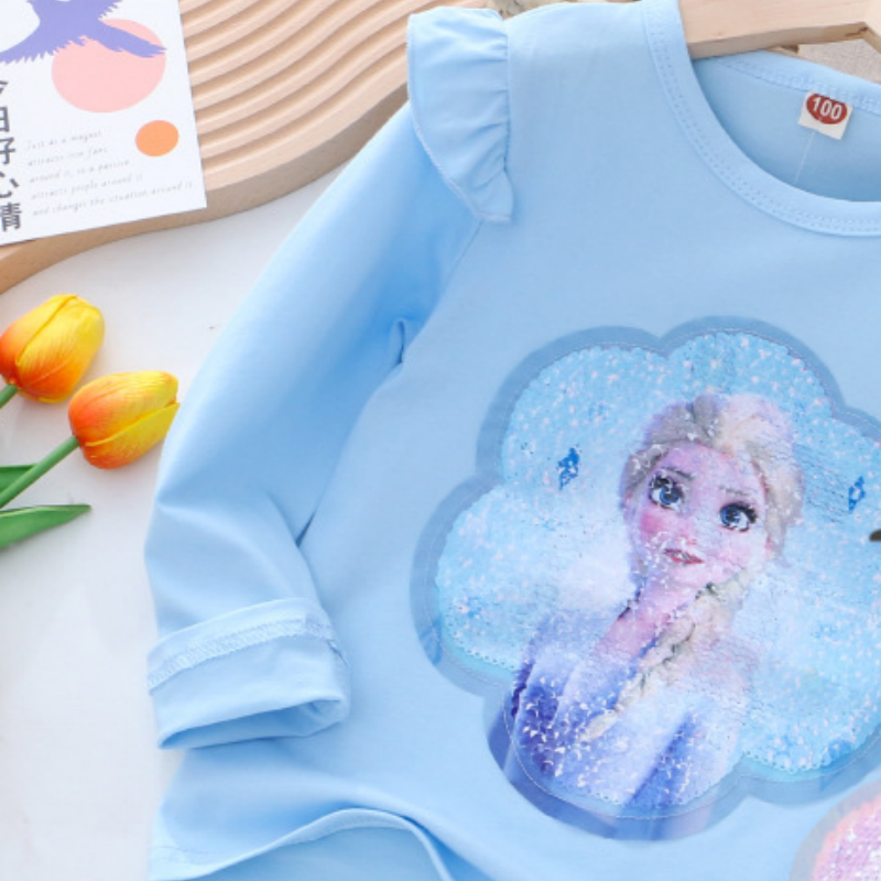 DISNEY Frozen Princess Elsa baby designer clothes Children autumn wear base top girl long-sleeved T-shirt two-sided color-changing sequin princess top