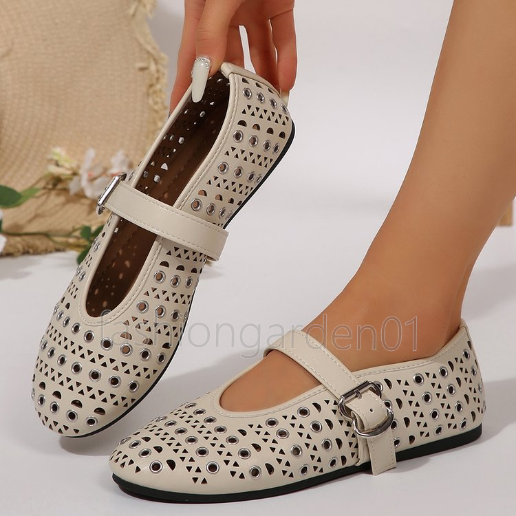 2025 free shipping loafers womens ballet flats heels Hollowed-out metal ring mary jane shoes shallow mouth round toe luxury shoes spring summer dress 