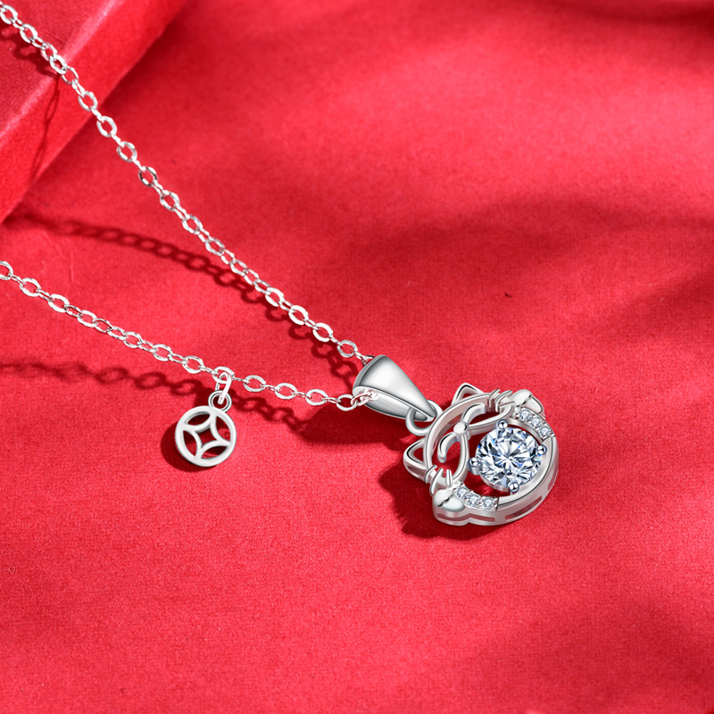 Chinese Style Necklace 925 Sterling Silver DIY Lucky Cat Moissanite Pendant
