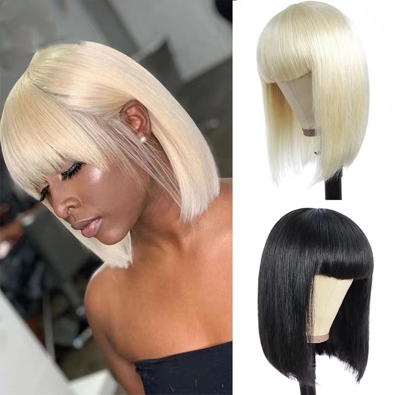 wig Womens short hair BoBo hairstyle bangs short straight hair high temperature silk synthetic rose mesh head cover
