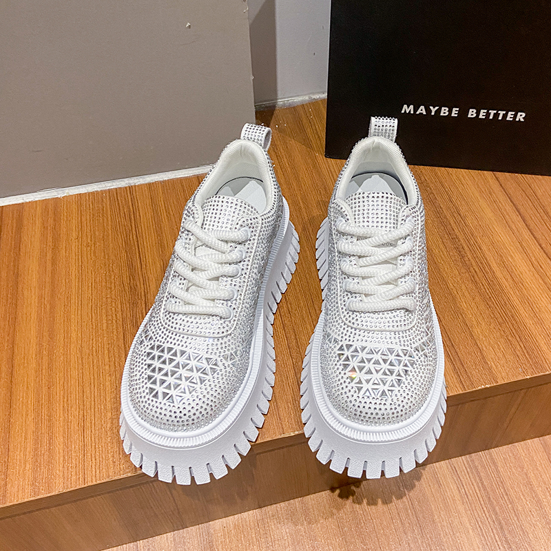 New 2025 Women's 5cm Thick Bottom Casual Shoes Crystal White Luxury Shining Sports Shoes Trendy Anti Slip Flat Casual Shoes Fashion Tennis Shoes 