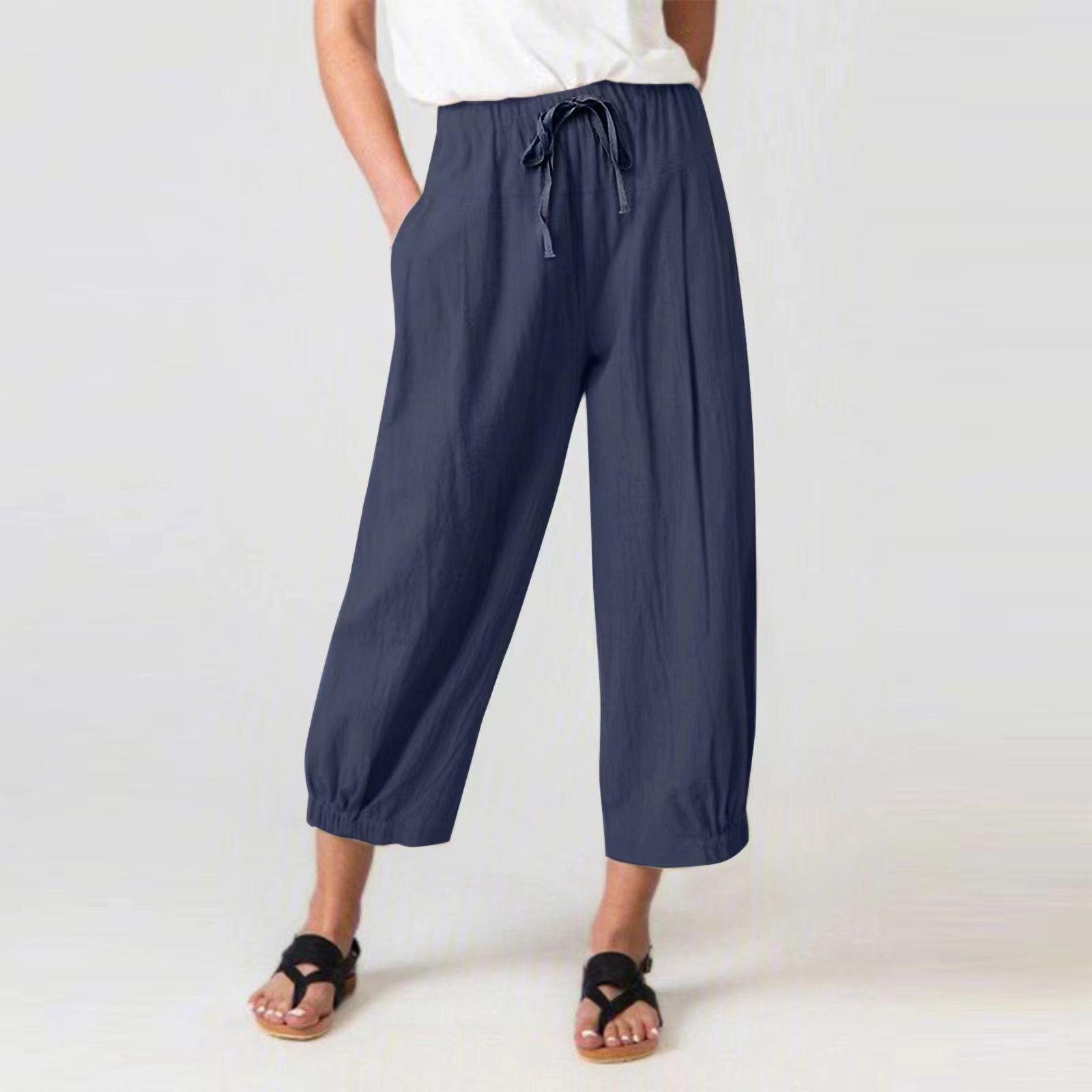 New cotton and linen pull rope nine points pants pocket casual pants ladies loose wide leg pants 2025