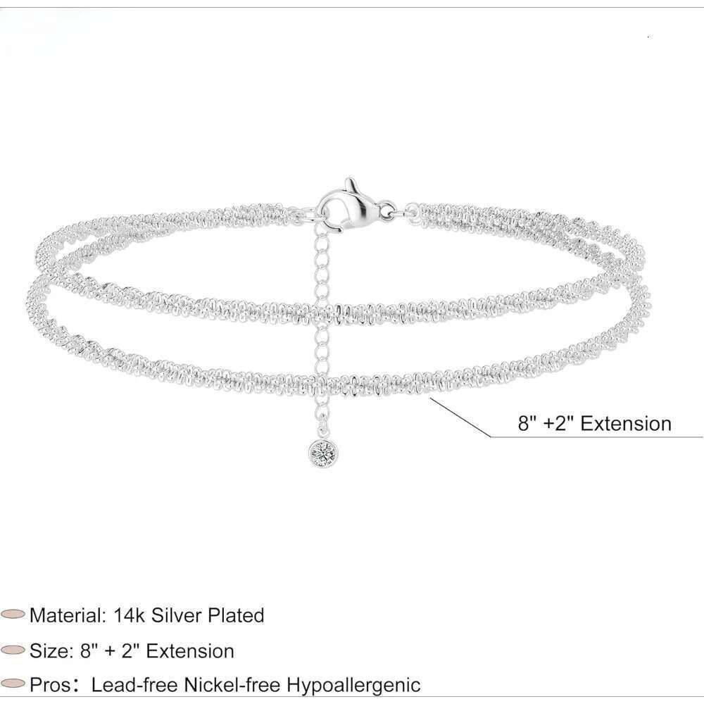 DHcollections Sterling Sier Anklets Adjustable Women's Anklet Set, Stackable Beaded Cuban Chain Anklets, Beach Jewelry For Women