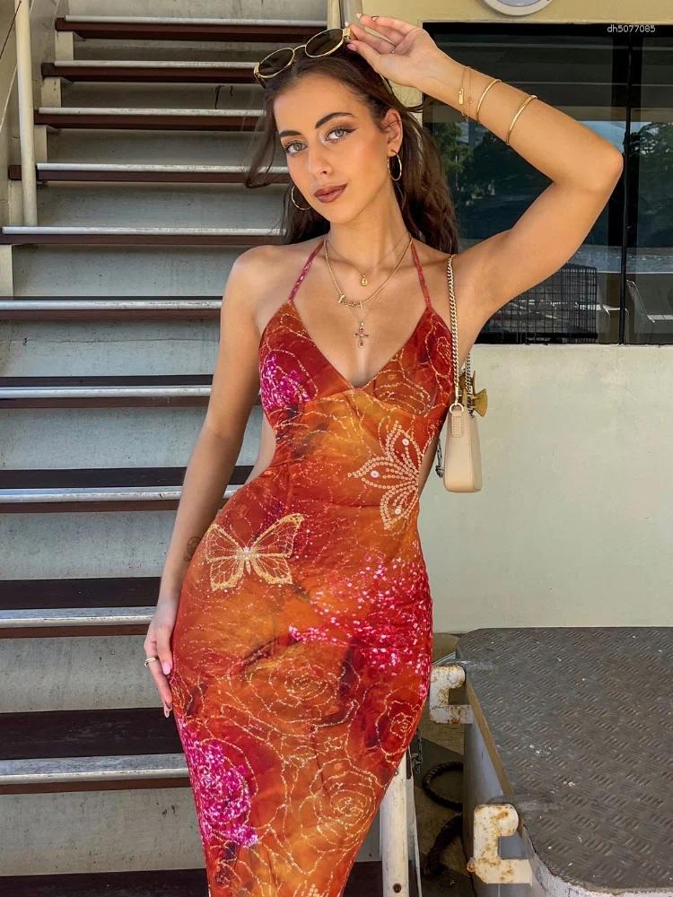 Casual Dresses Vintage Green Printed Bikini Ruffles Hem Midi Dress Sexy Cut Out Halter Side Slit For Women Summer Beach Playwear 2025