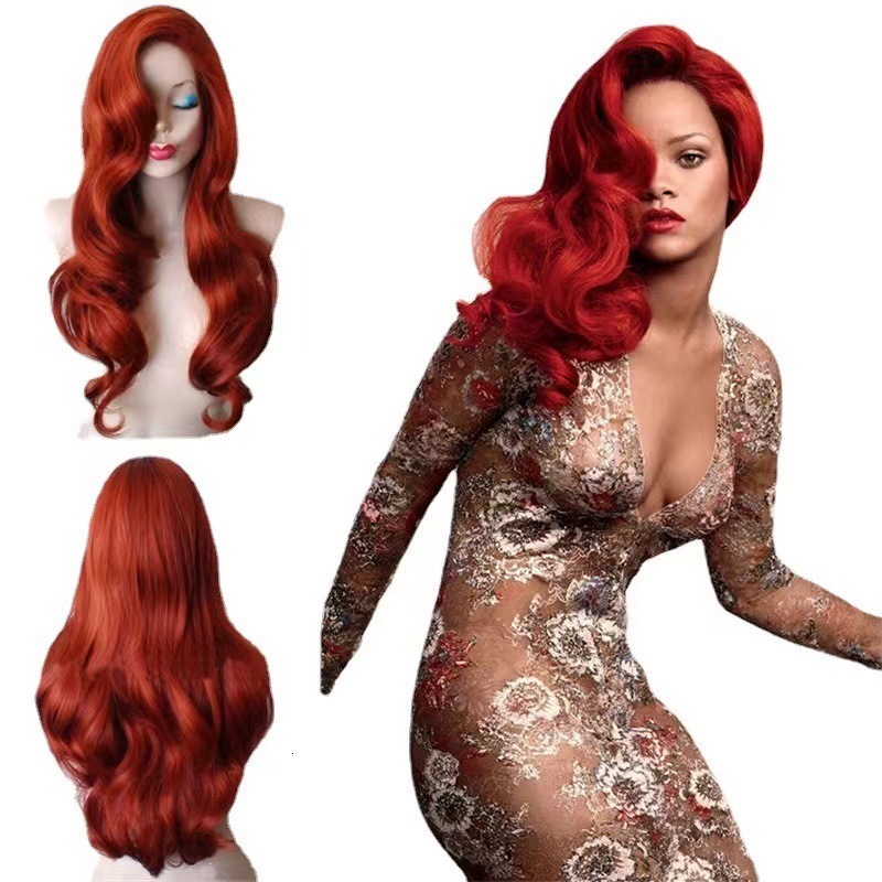 New 2024 Wig Female Wig Female Wig Wine Red Medium length Curled Hair Synthetic Headset