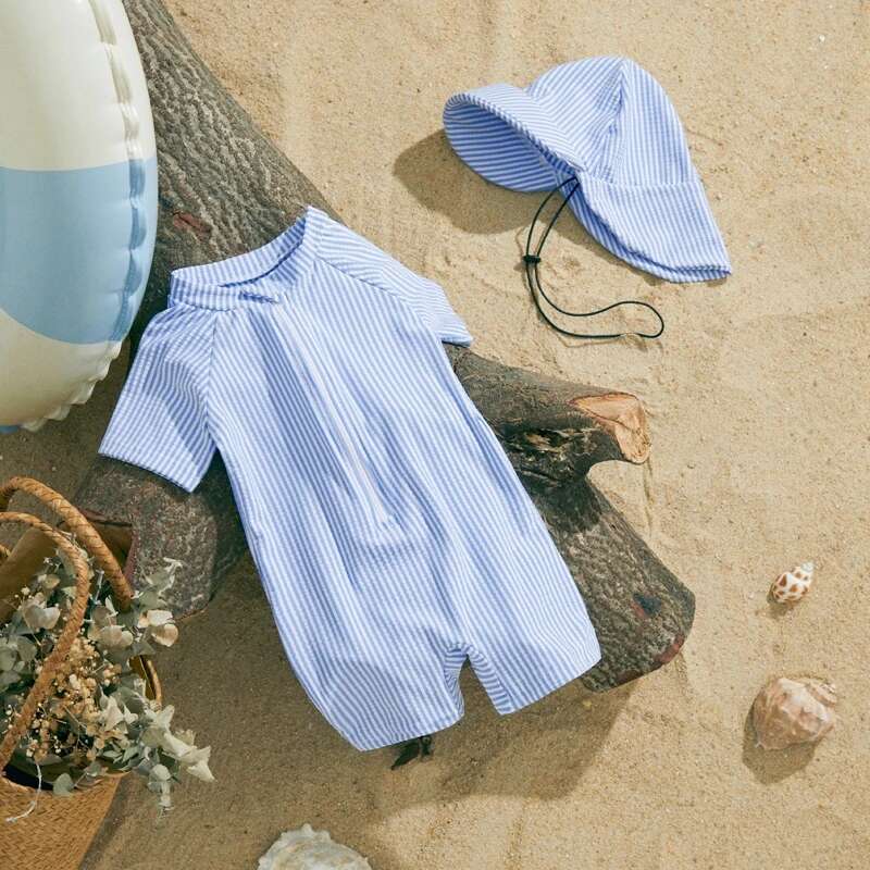 MISOWMNJOY Baby Girl Boy Swimsuit Summer New Stripe Print Kids Beachwear Short Sleeve Half Zipper Rash Guard Swimwear Sunhat Set