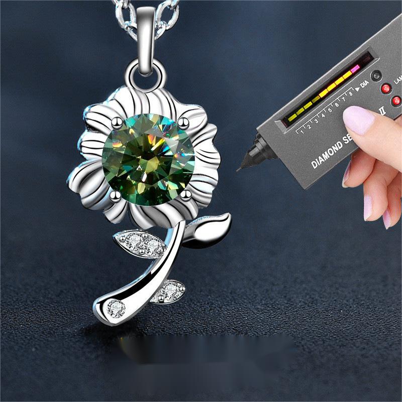 925 Sterling Silver Necklace Green Moissanite Sunflower Pendant Jewelry for Valentine's Day Gift