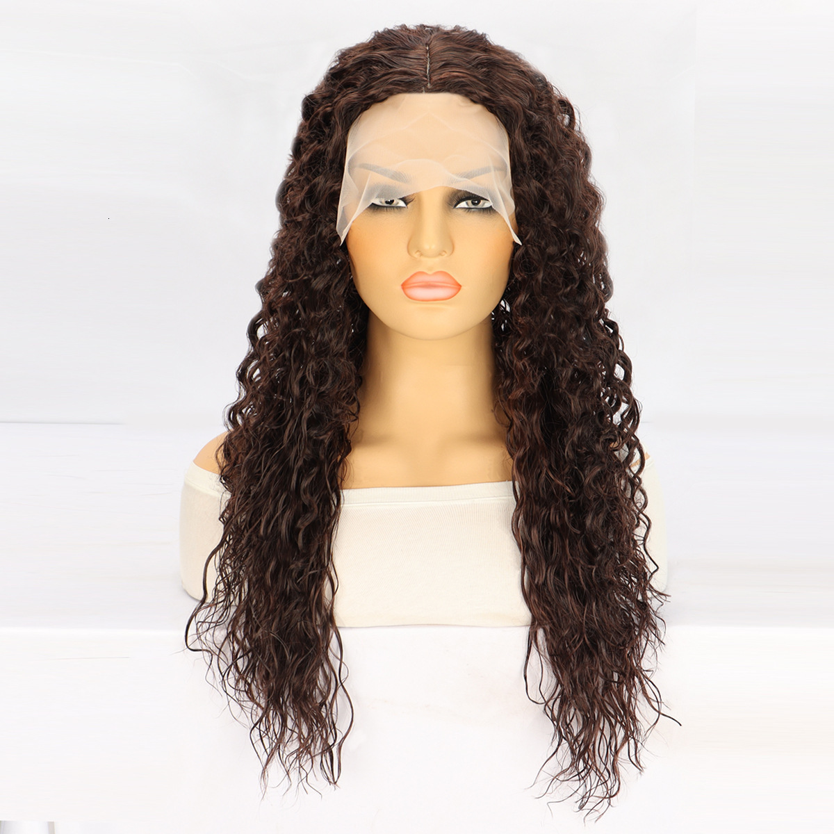 womens Wig lace synthetic headband brown medium length curly hair small curly hair